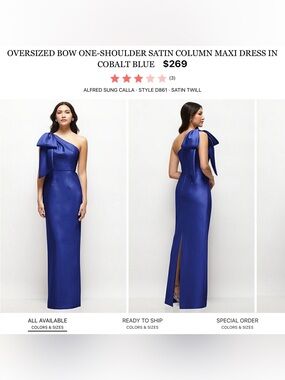ALFRED SUNG Cobalt Blue One-Shoulder Satin Gown with Statement Bow